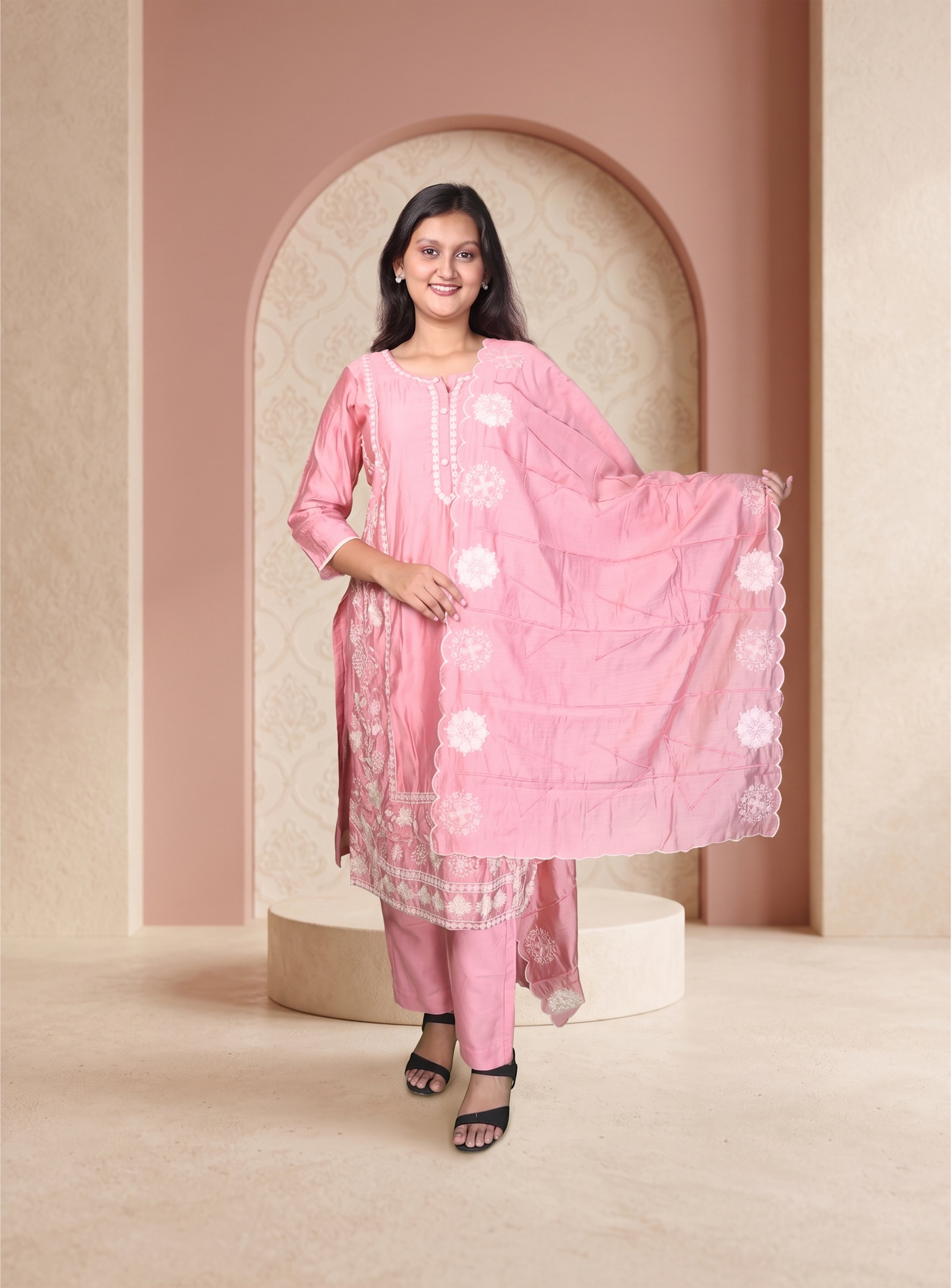 Powder pink straight suit set with dupatta