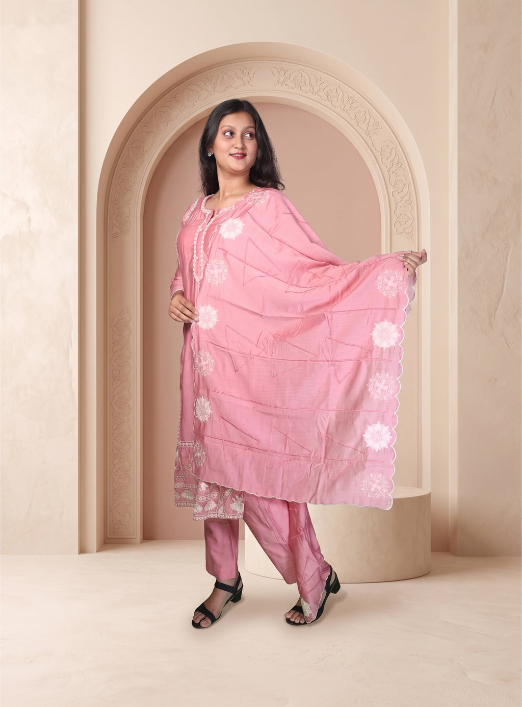 Powder pink straight suit set with dupatta