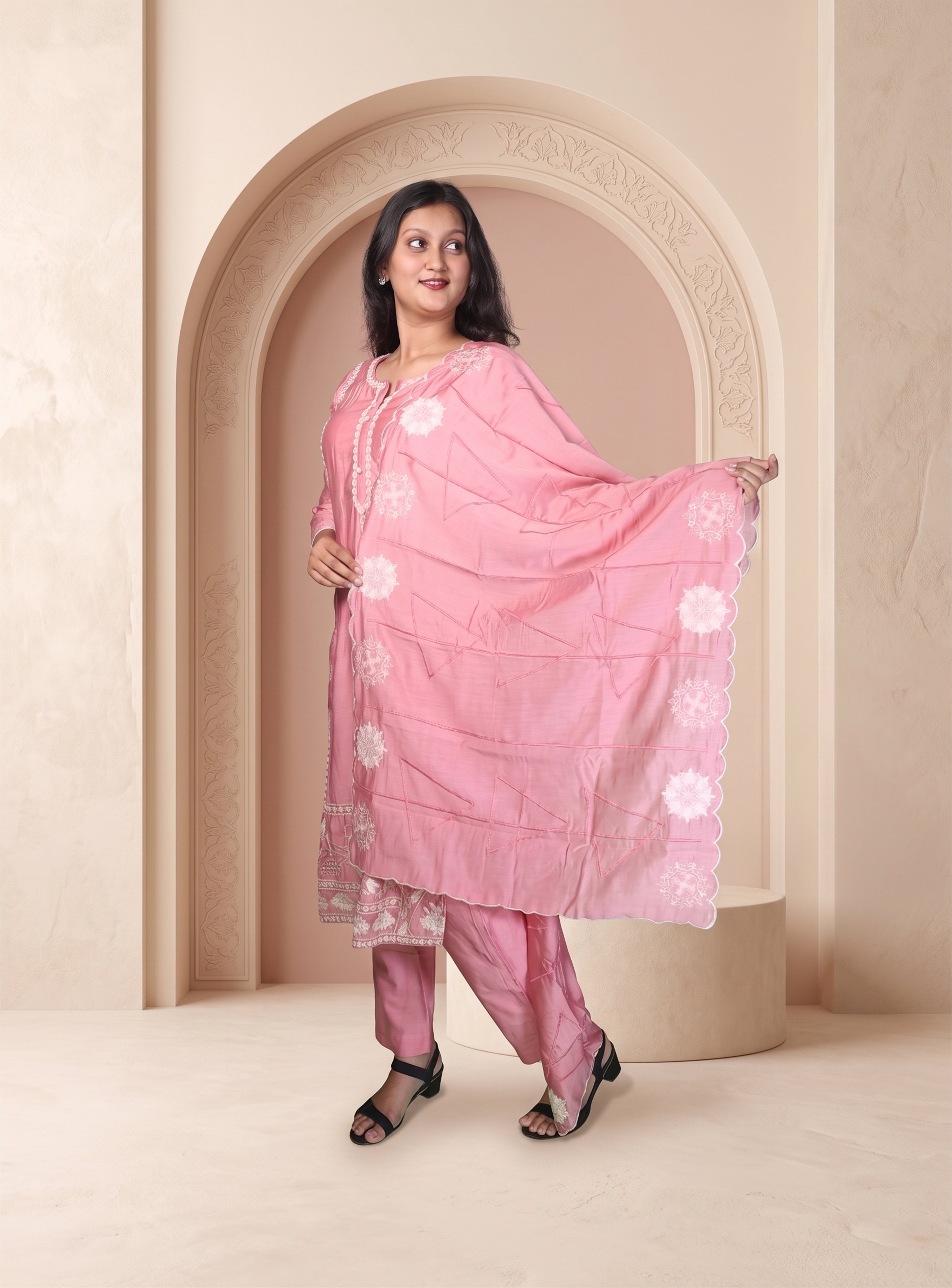 Powder pink straight suit set with dupatta