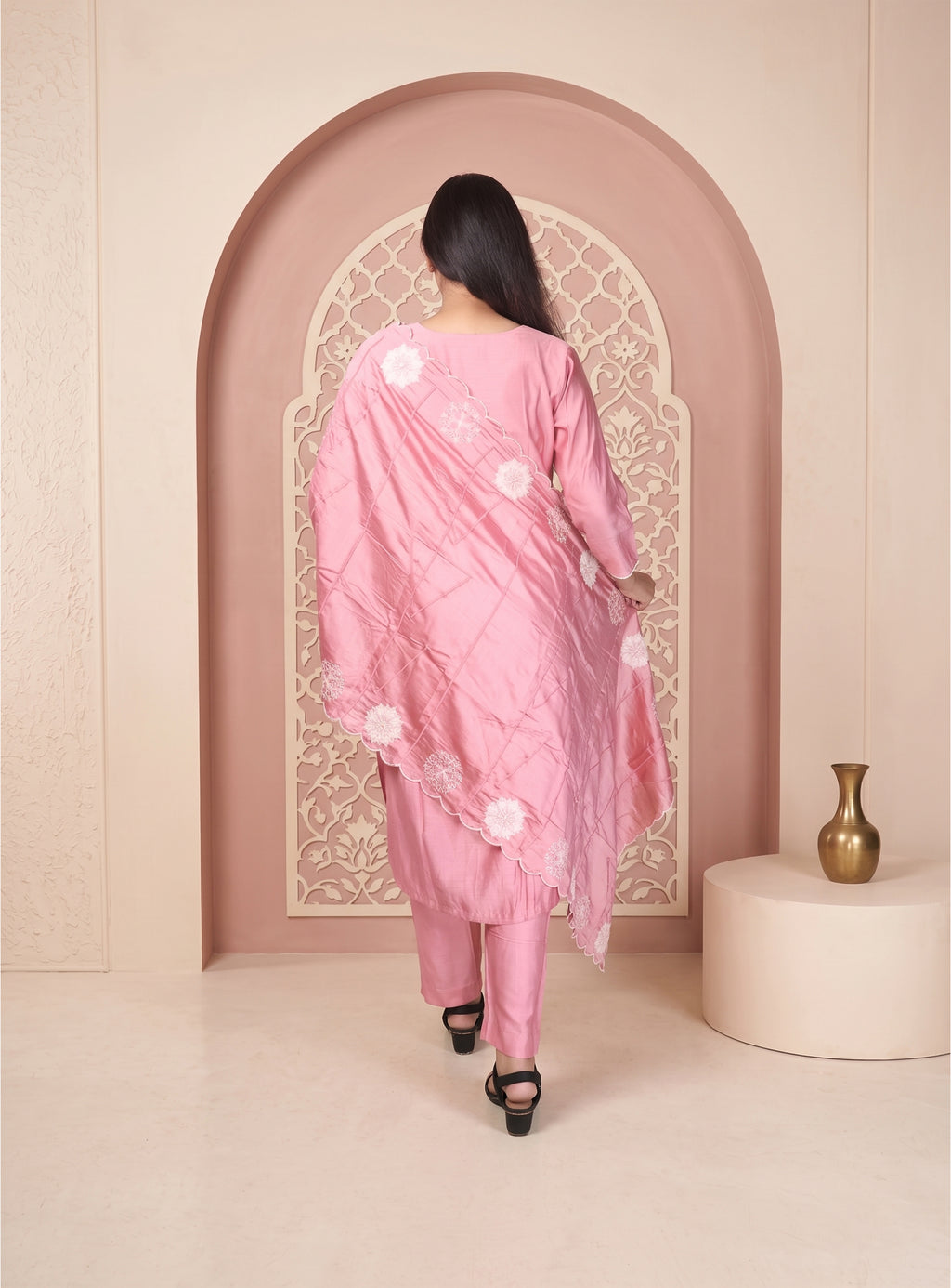 Powder pink straight suit set with dupatta