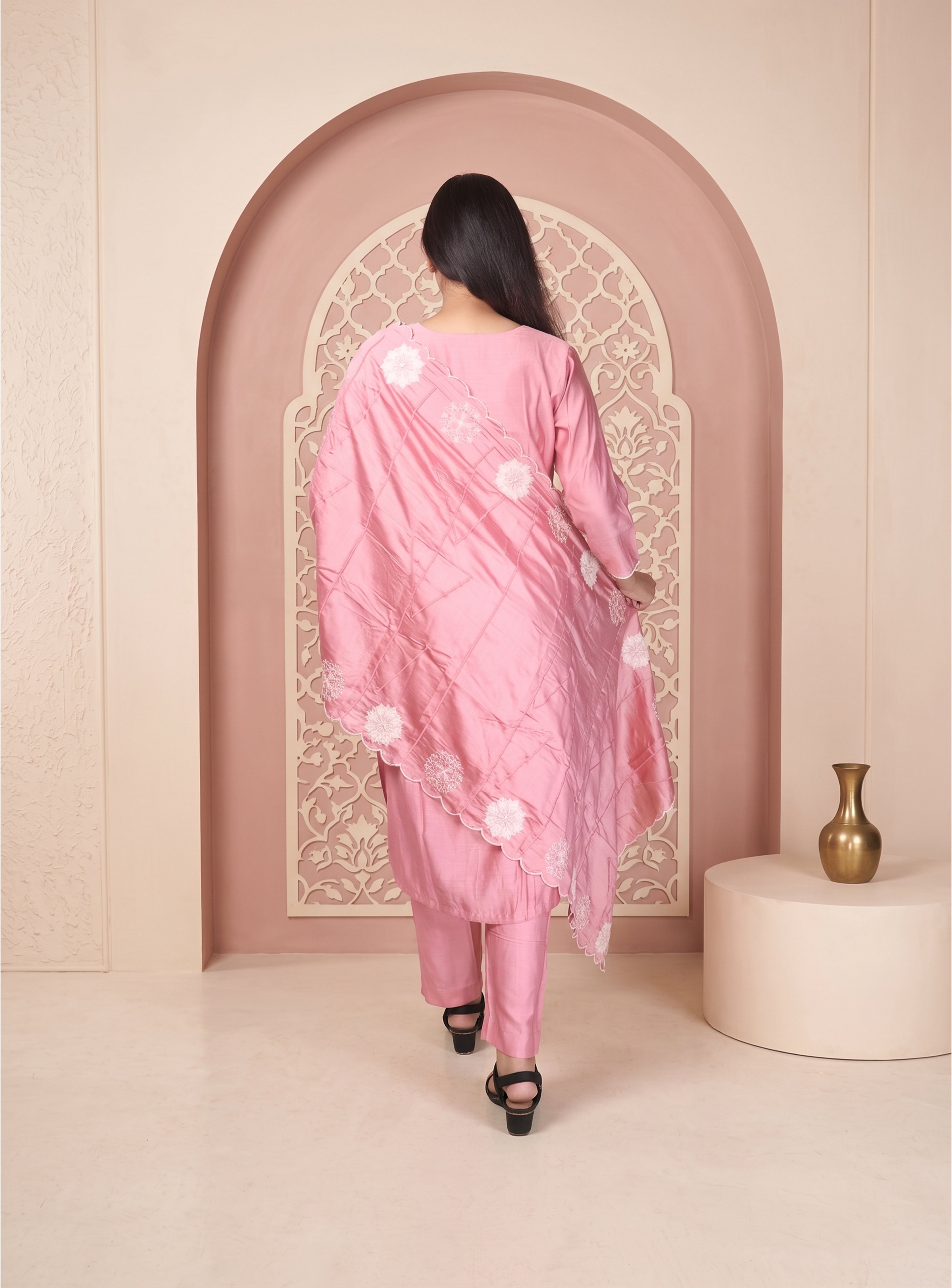Powder pink straight suit set with dupatta