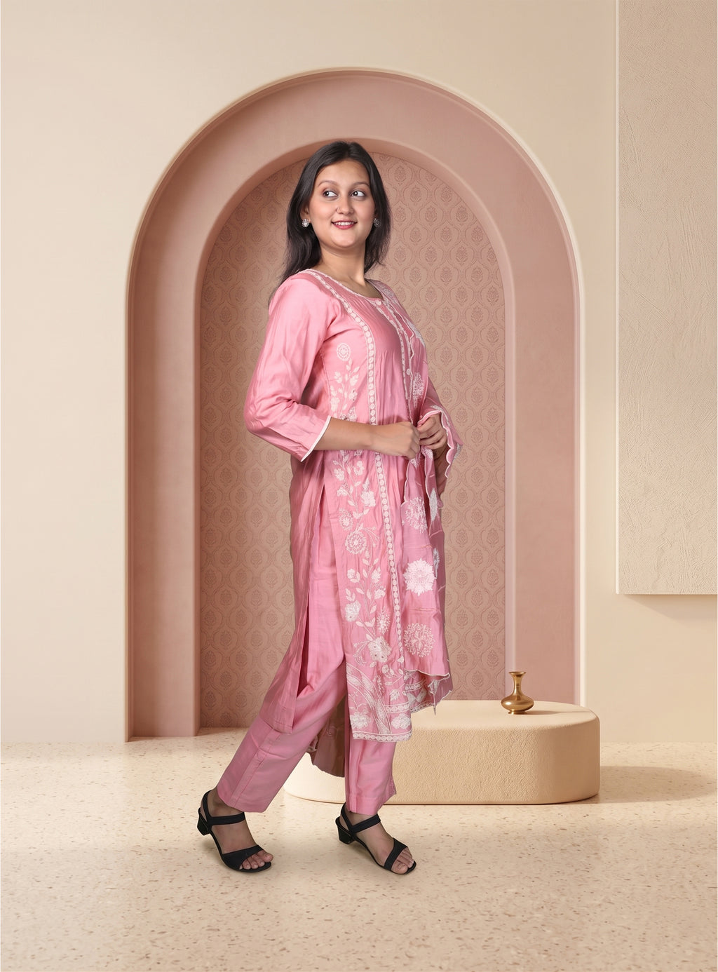 Powder pink straight suit set with dupatta