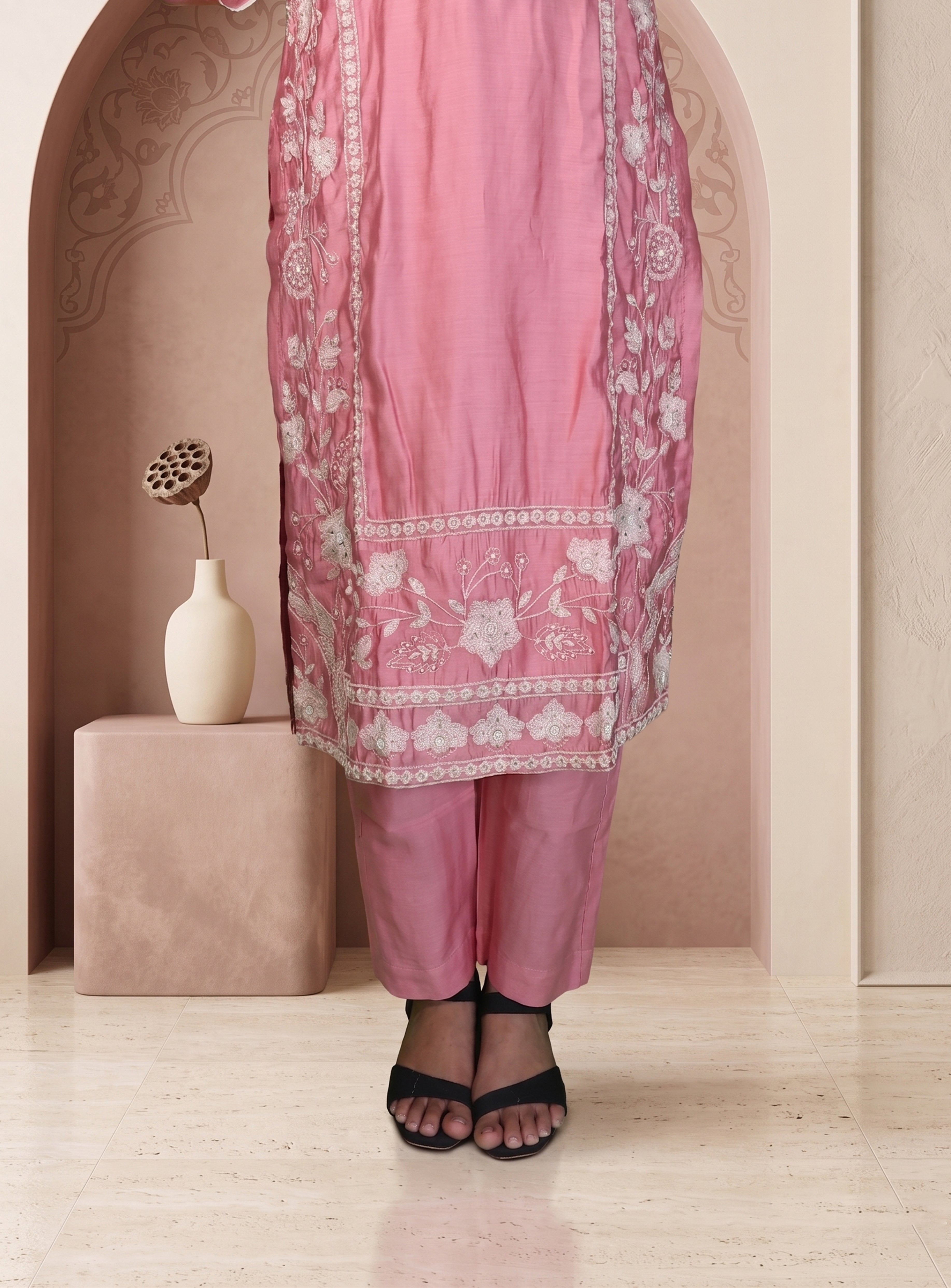 Powder pink straight suit set with dupatta