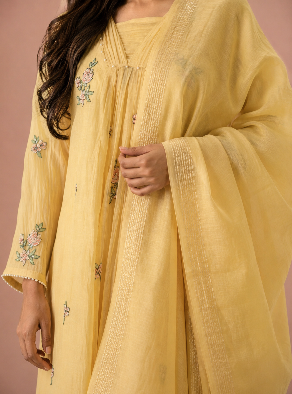 Mul Chanderi Banarasi Sunshine Pastel Yellow Pearl Embroidered Suit Set