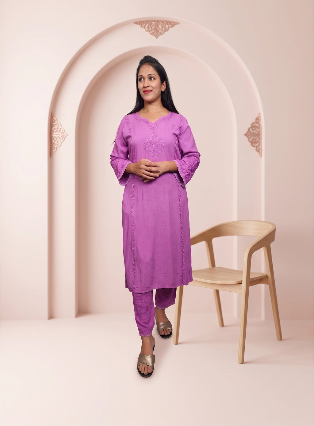 Purple Modal Chikankari Straight co-ord set