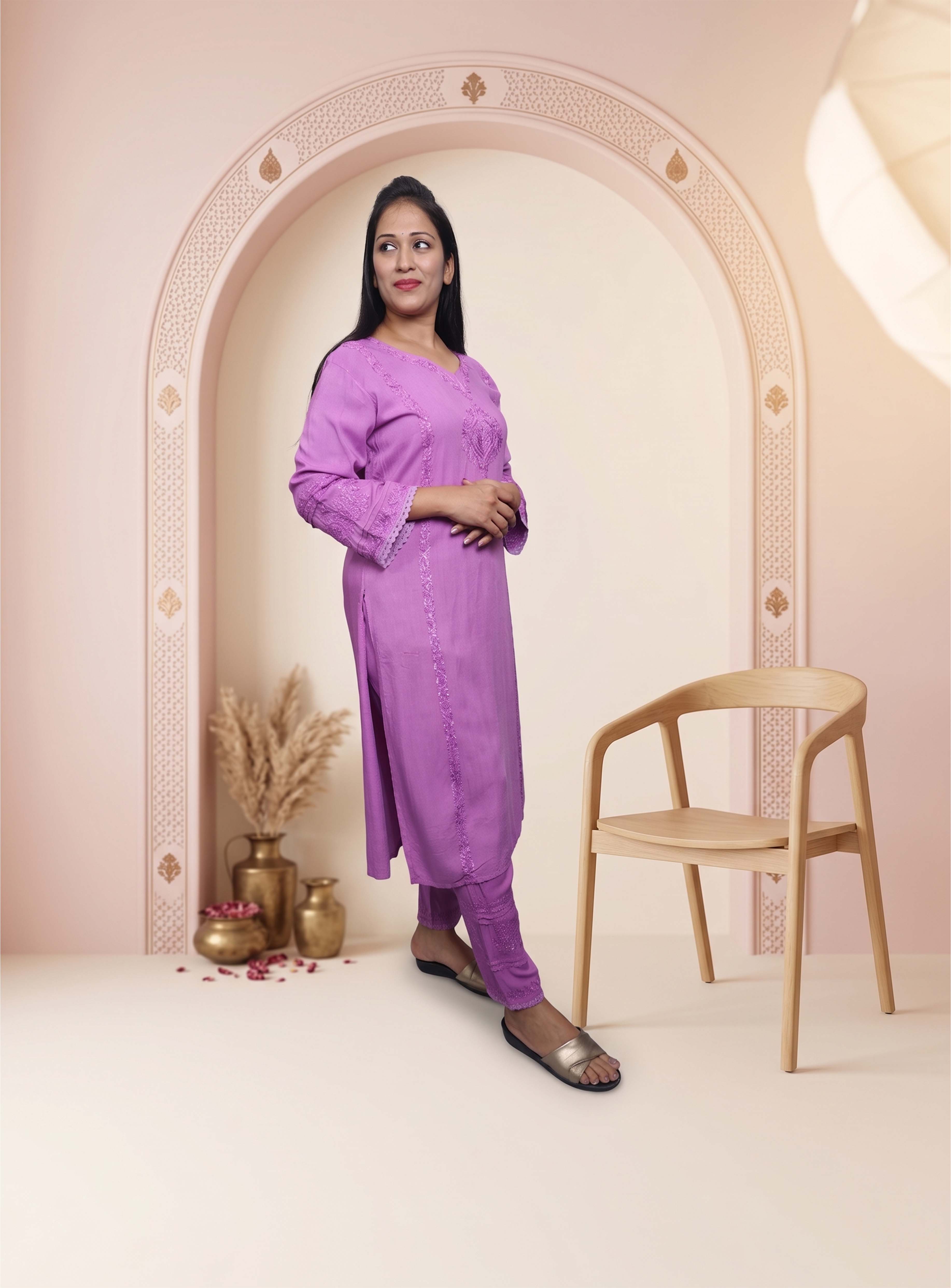 Purple Modal Chikankari Straight co-ord set