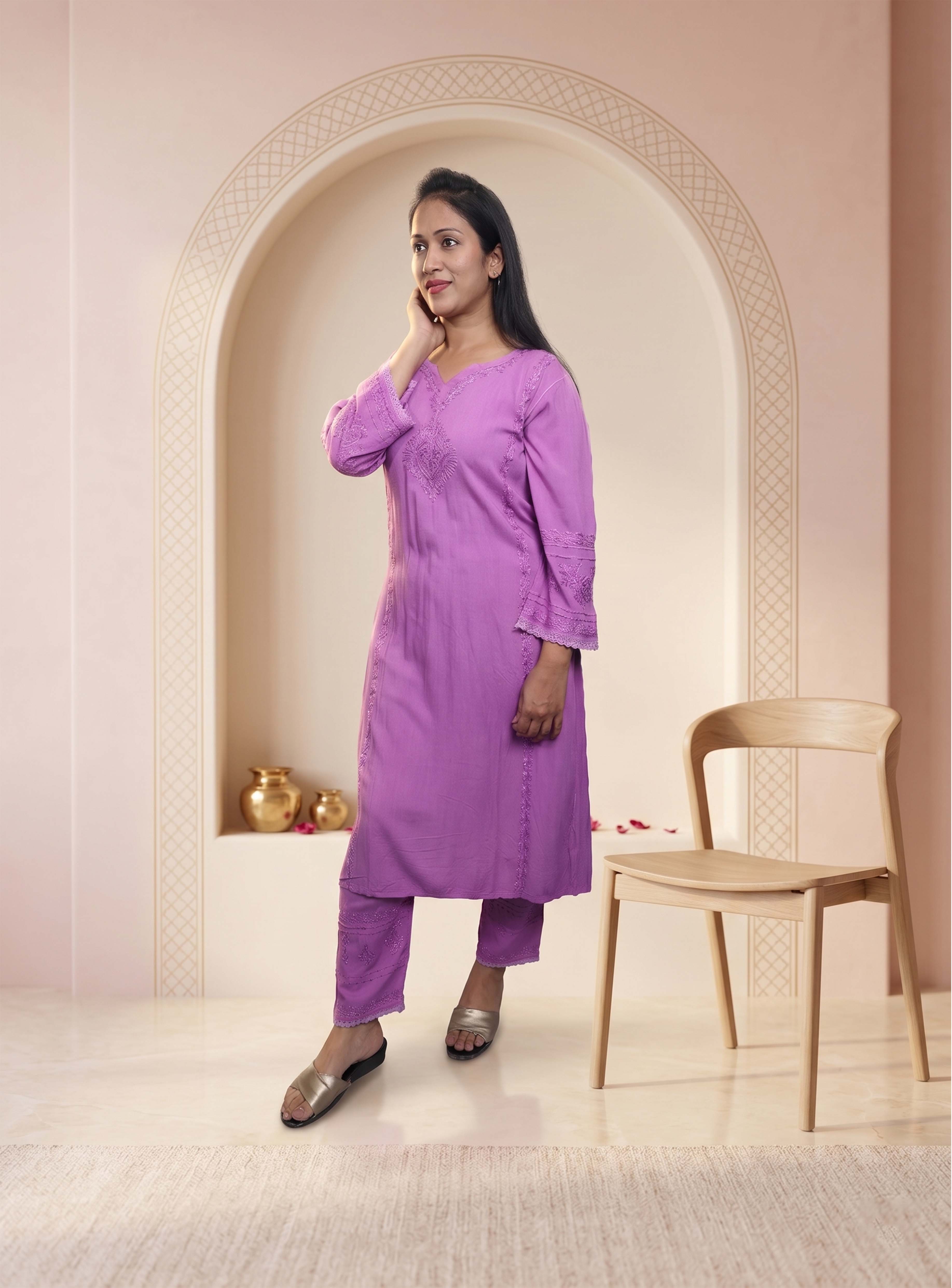 Purple Modal Chikankari Straight co-ord set