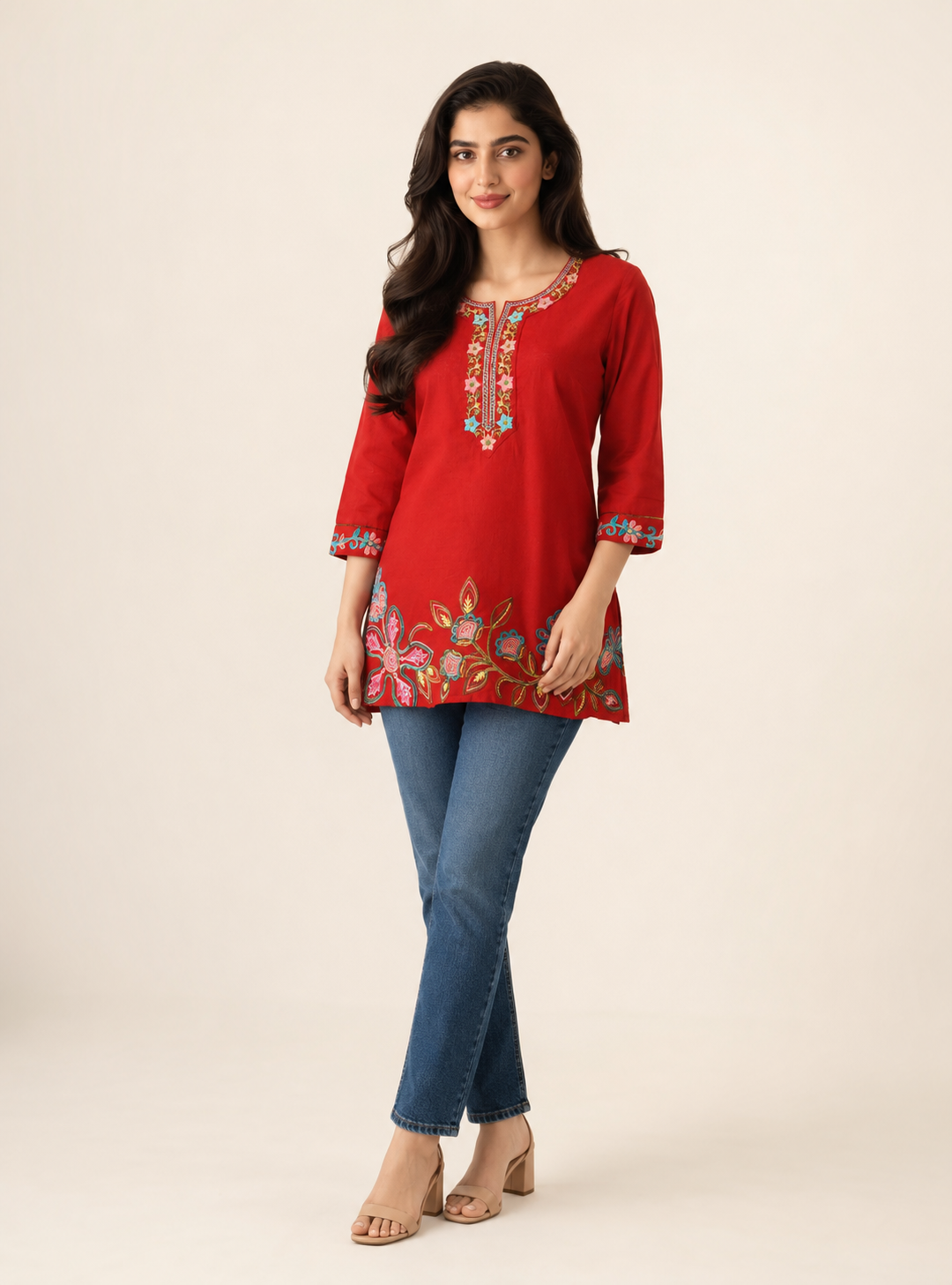 Crimson Bloom Red Cotton Embroidered Short Kurti