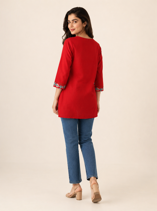 Crimson Bloom Red Cotton Embroidered Short Kurti