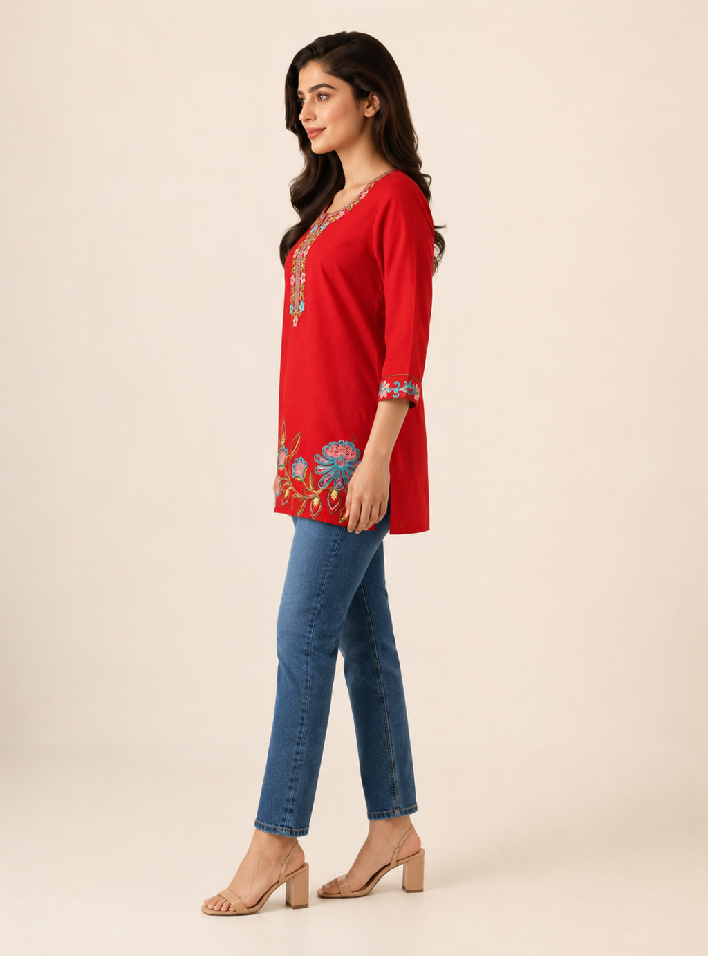 Crimson Bloom Red Cotton Embroidered Short Kurti