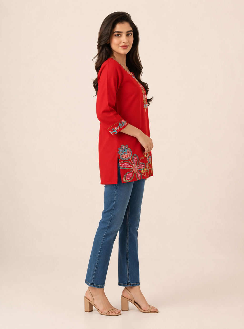 Crimson Bloom Red Cotton Embroidered Short Kurti