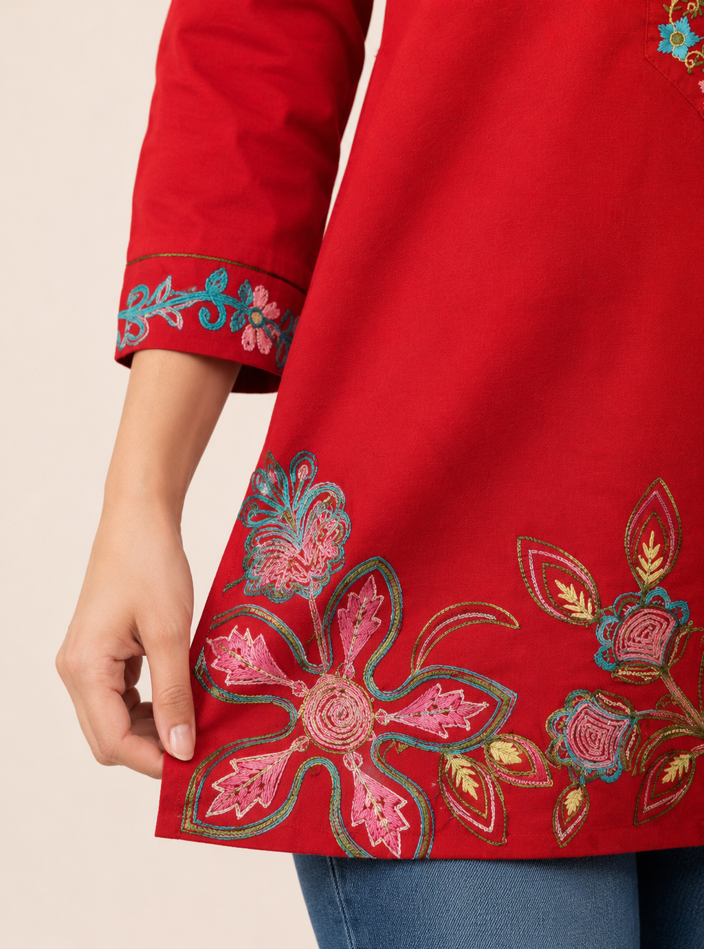 Crimson Bloom Red Cotton Embroidered Short Kurti
