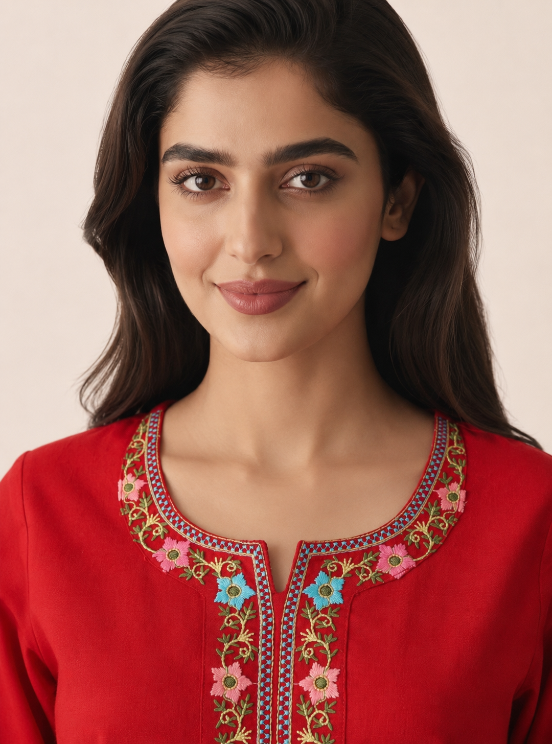 Crimson Bloom Red Cotton Embroidered Short Kurti