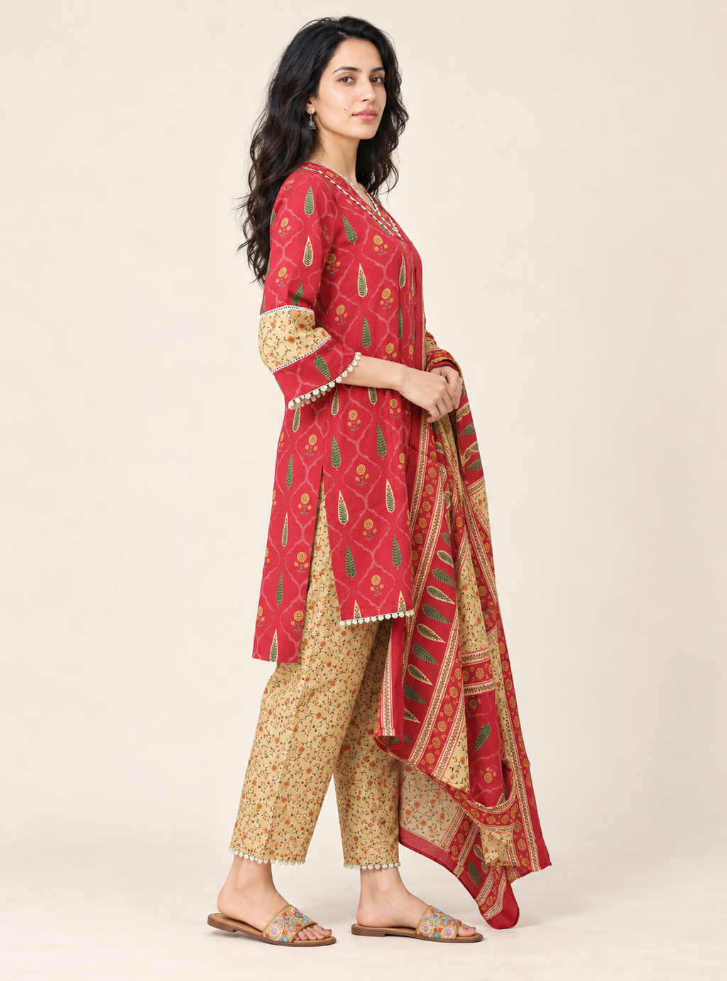Rani Petals Dark Pink Block Print Cotton Short Kurta Suit Set