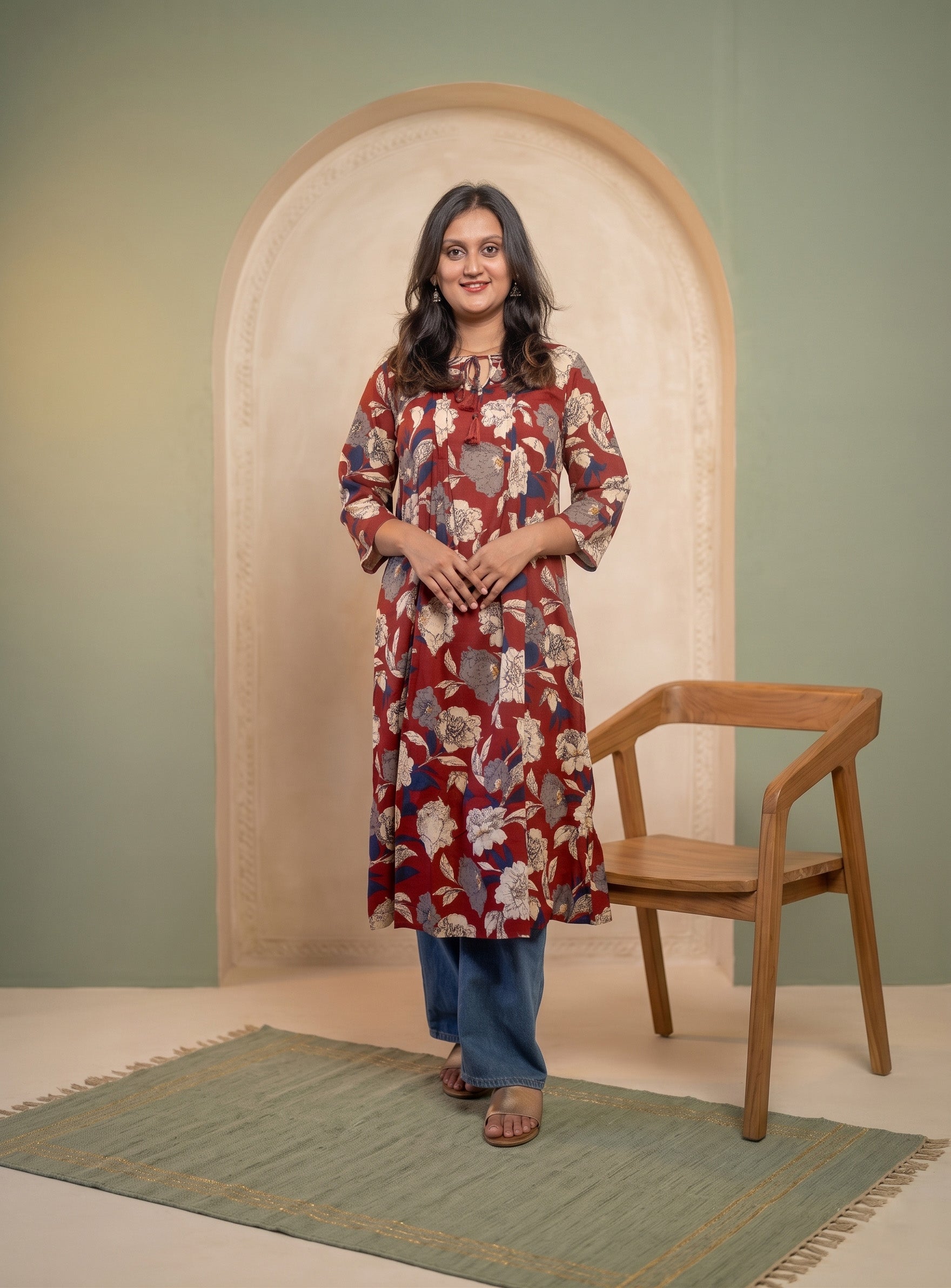 Red hand block cotton A-line kurta