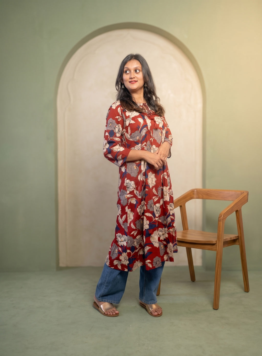 Red hand block cotton A-line kurta