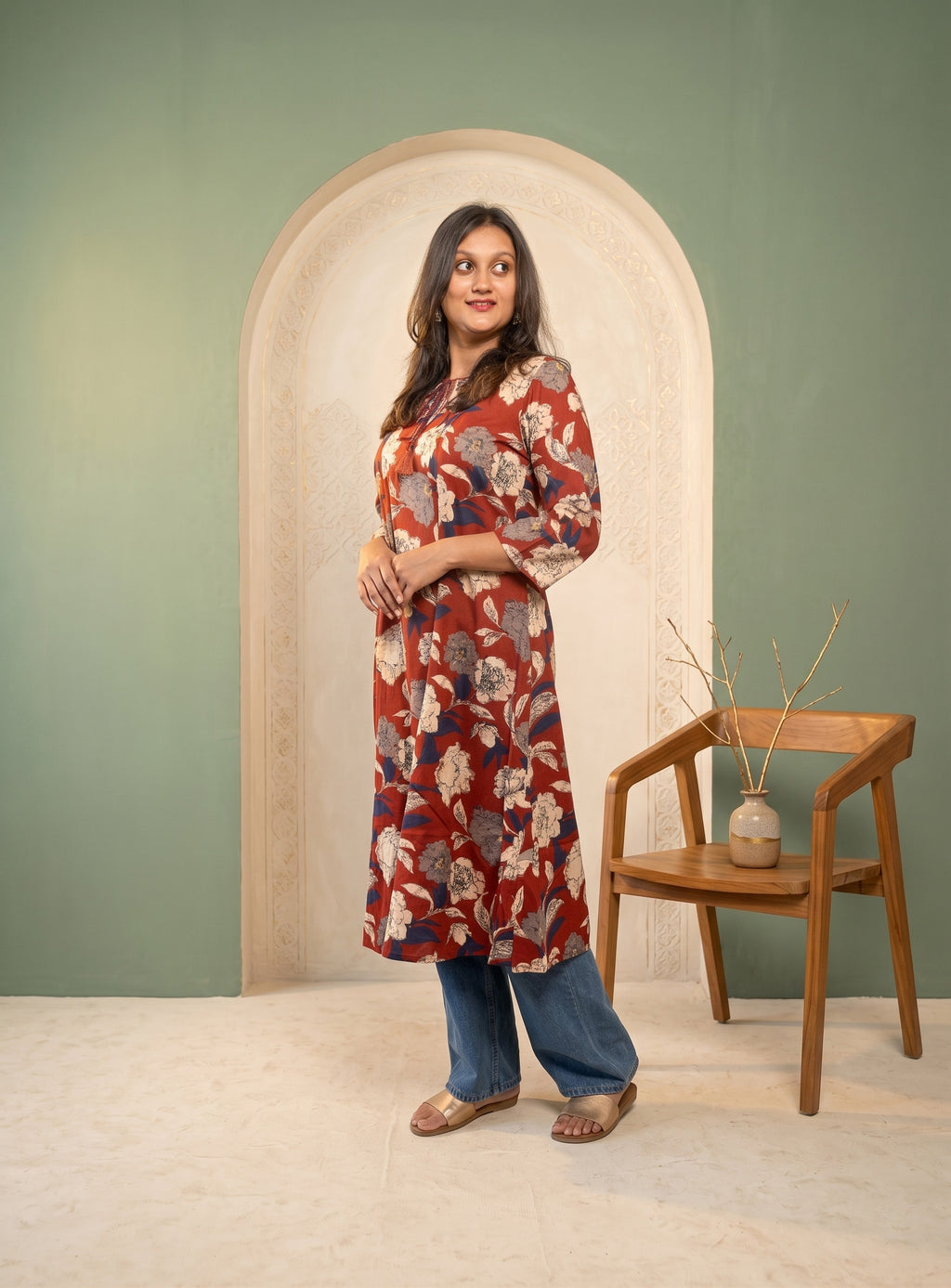 Red hand block cotton A-line kurta