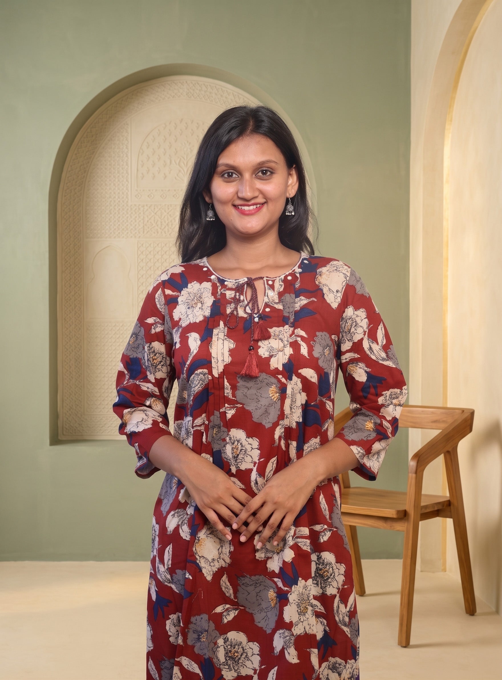 Red hand block cotton A-line kurta
