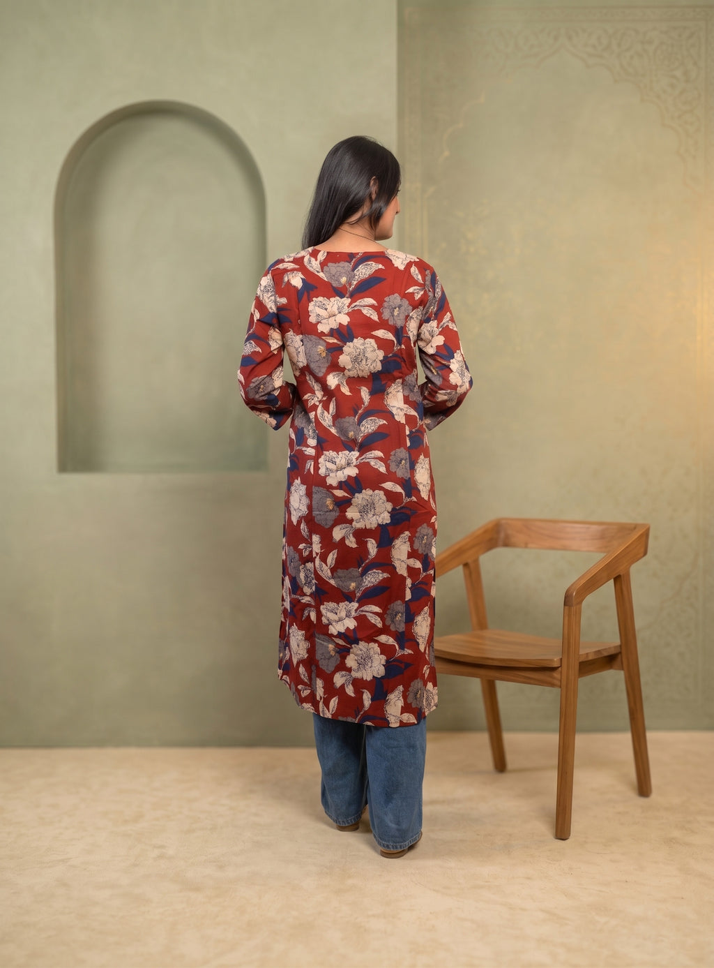 Red hand block cotton A-line kurta