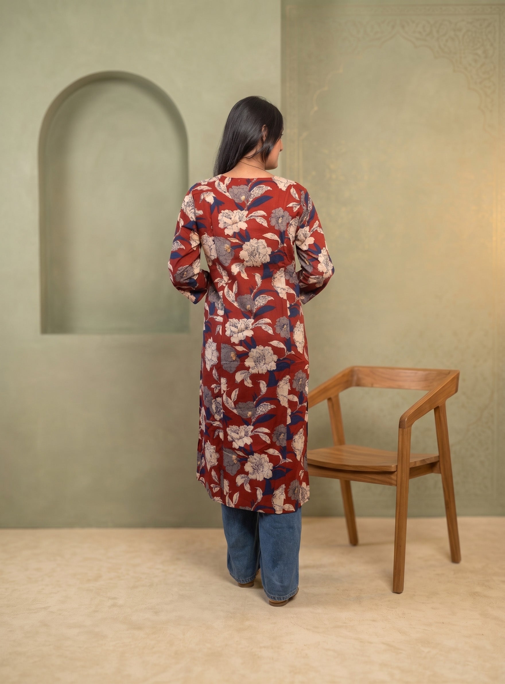 Red hand block cotton A-line kurta