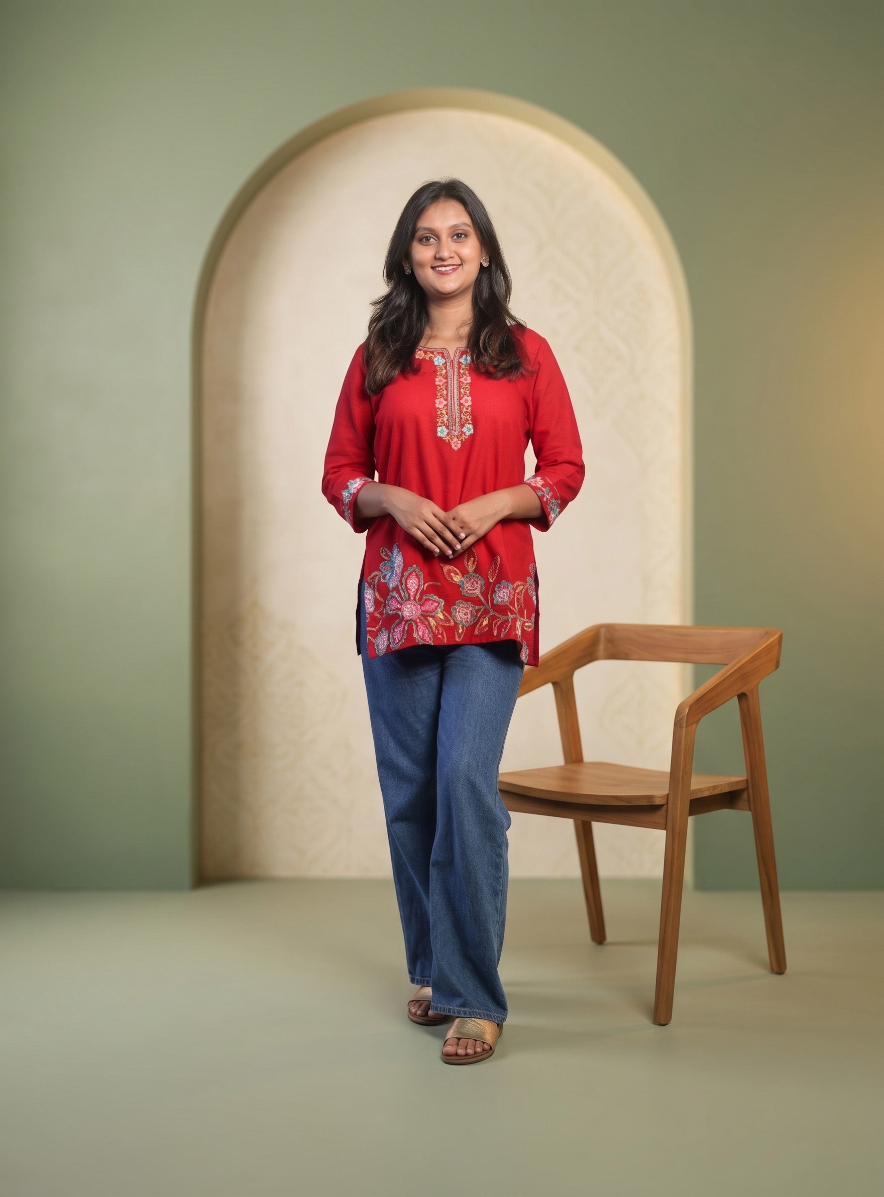 Red cotton embroidery short kurti