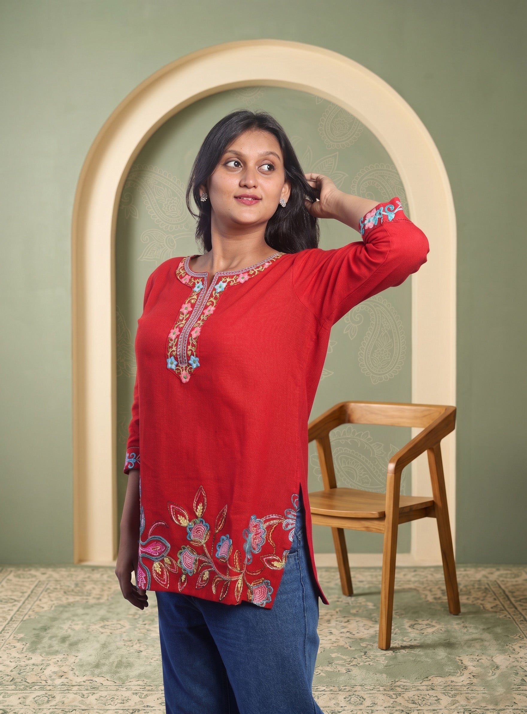 Red cotton embroidery short kurti