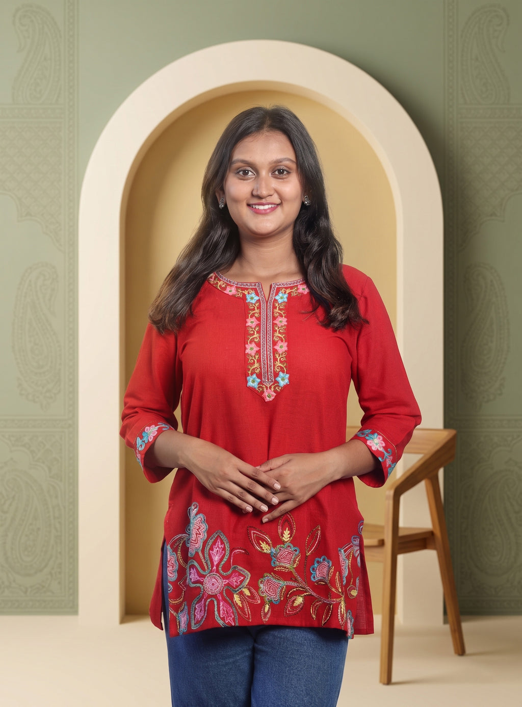 Red cotton embroidery short kurti