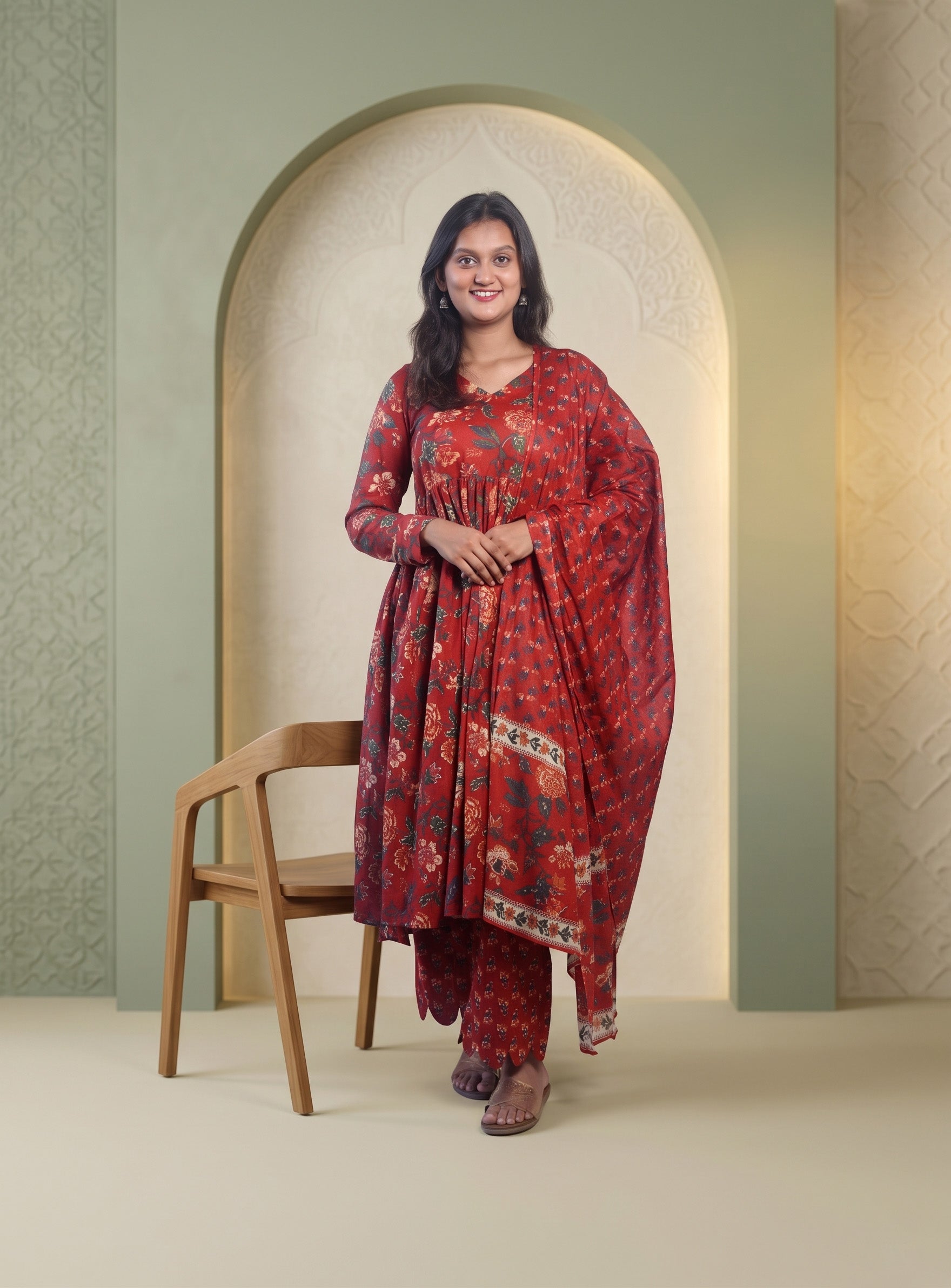 Red hand block cotton Anarkali with dupatta