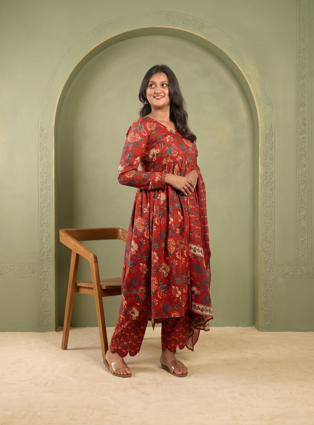 Red hand block cotton Anarkali with dupatta
