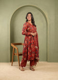 Red hand block cotton Anarkali with dupatta