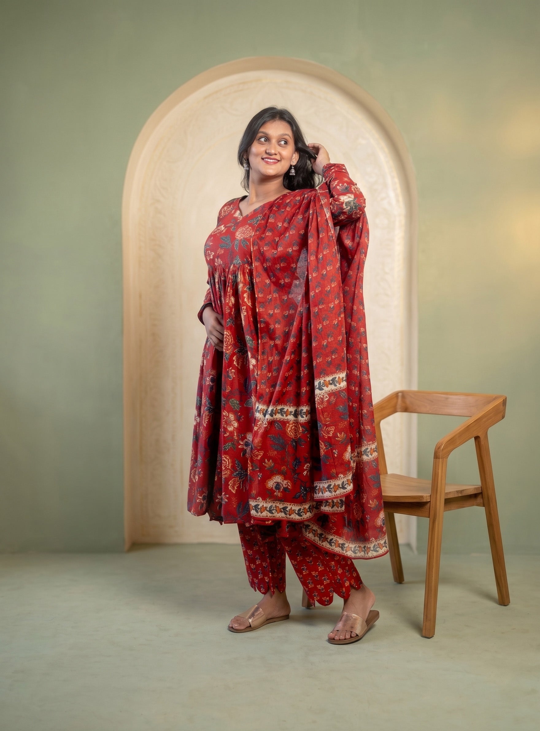 Red hand block cotton Anarkali with dupatta