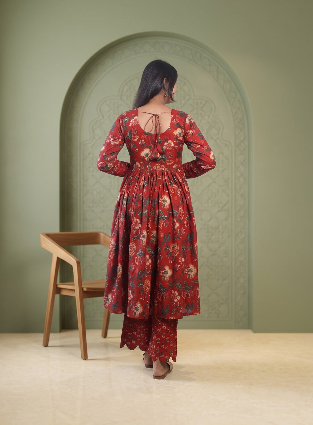 Red hand block cotton Anarkali with dupatta