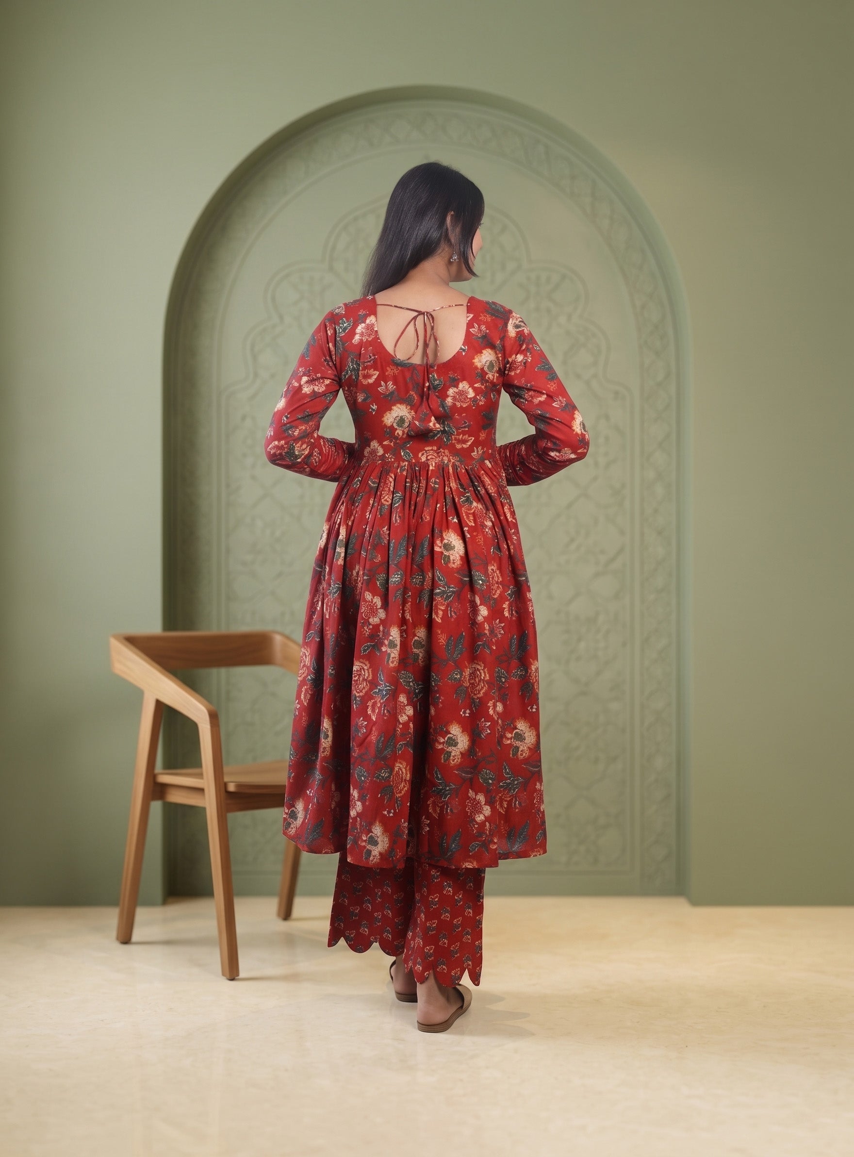 Red hand block cotton Anarkali with dupatta