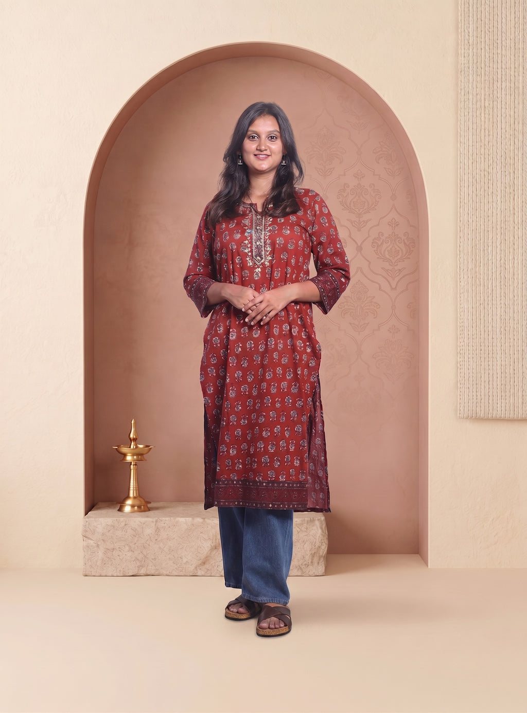 Red block print straight kurta with hand work