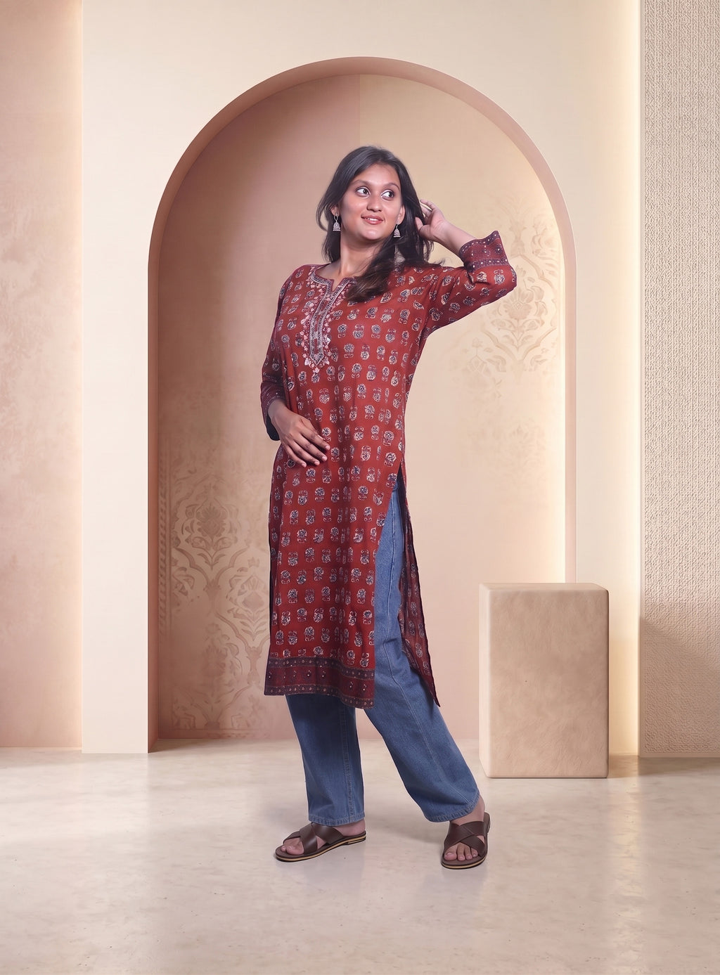 Red block print straight kurta with hand work