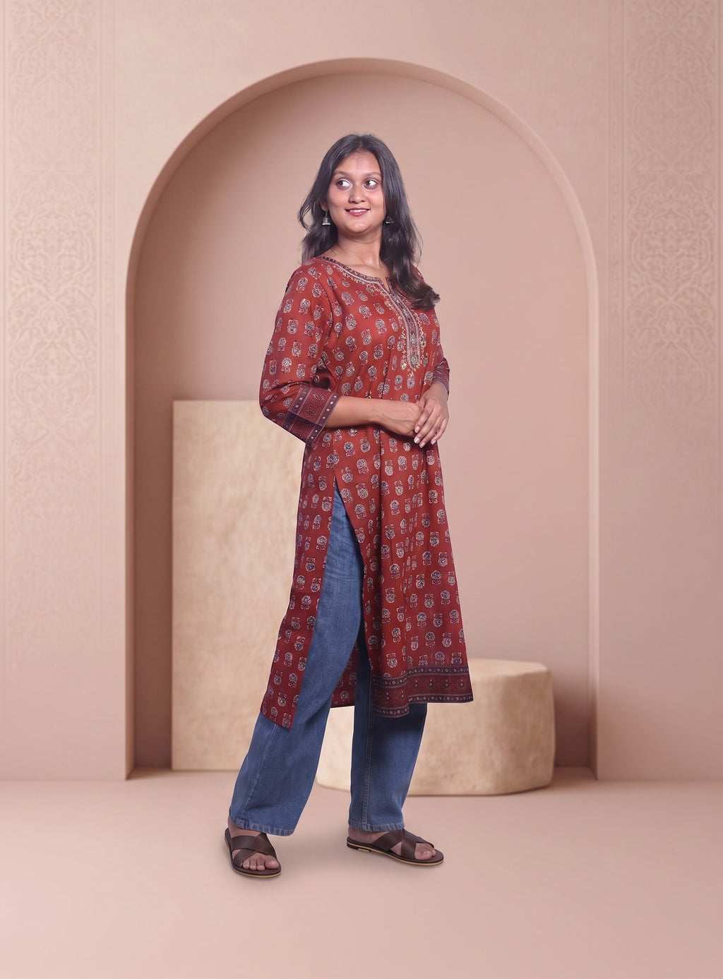 Red block print straight kurta with hand work