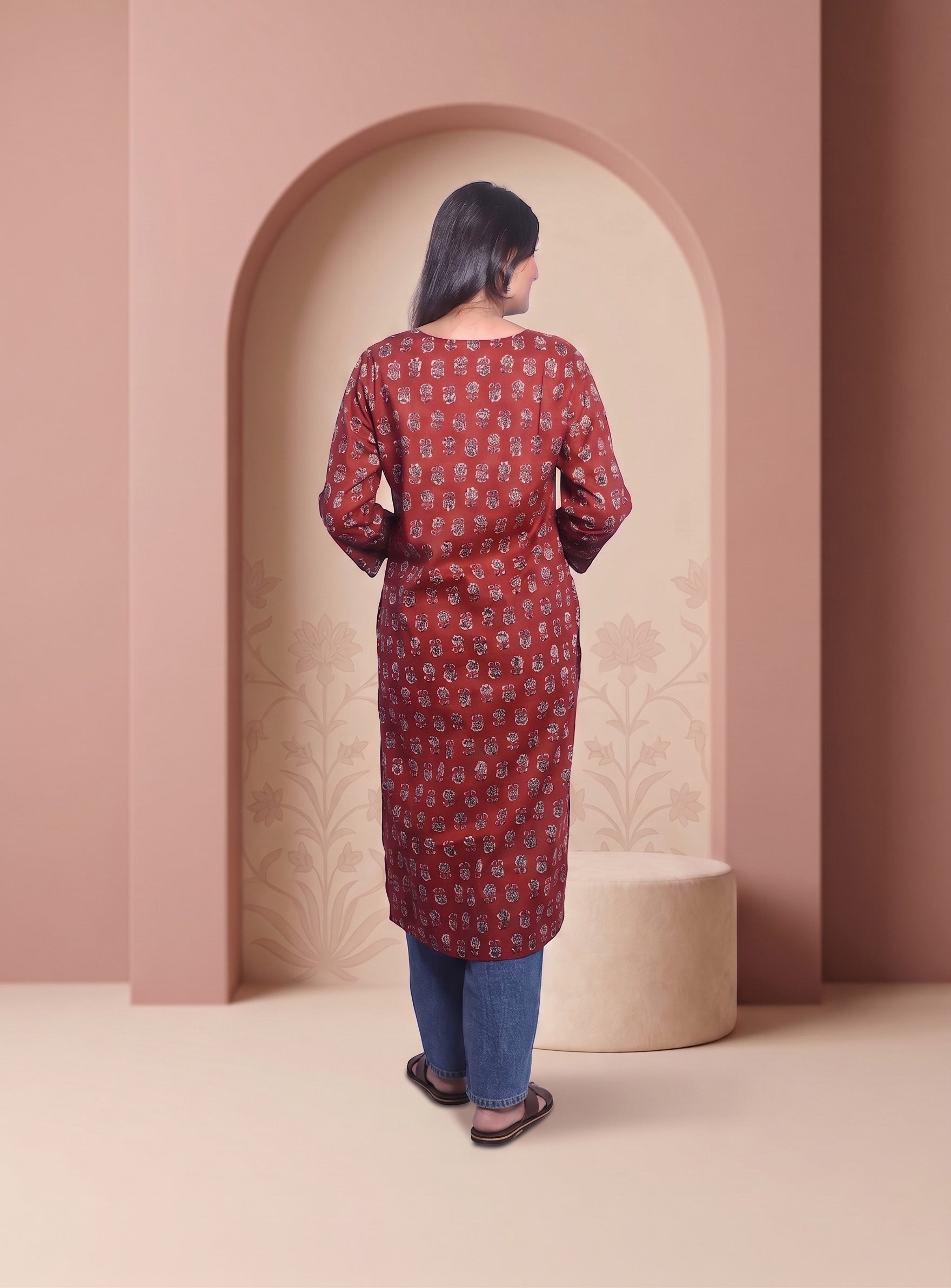 Red block print straight kurta with hand work