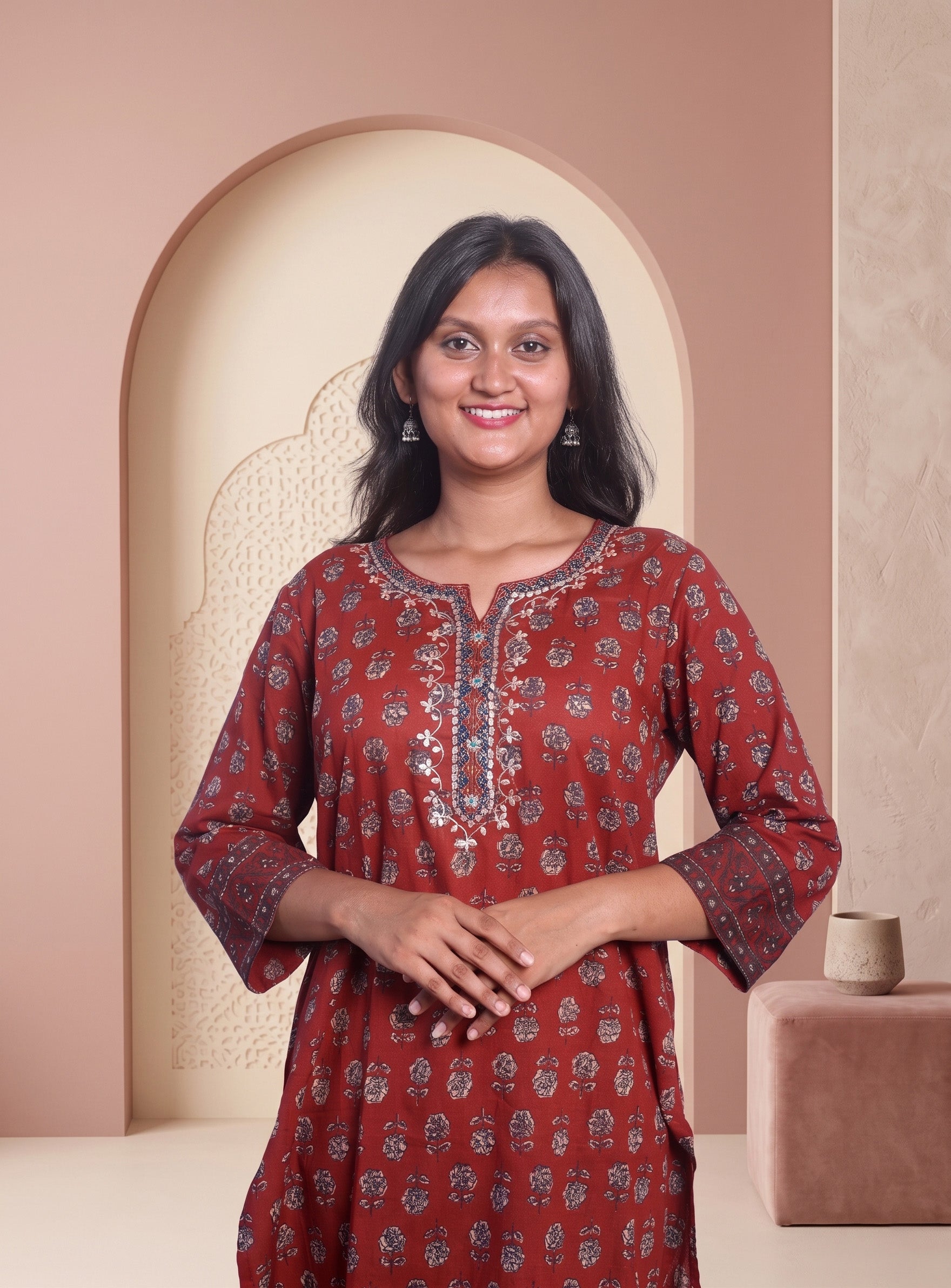 Red block print straight kurta with hand work