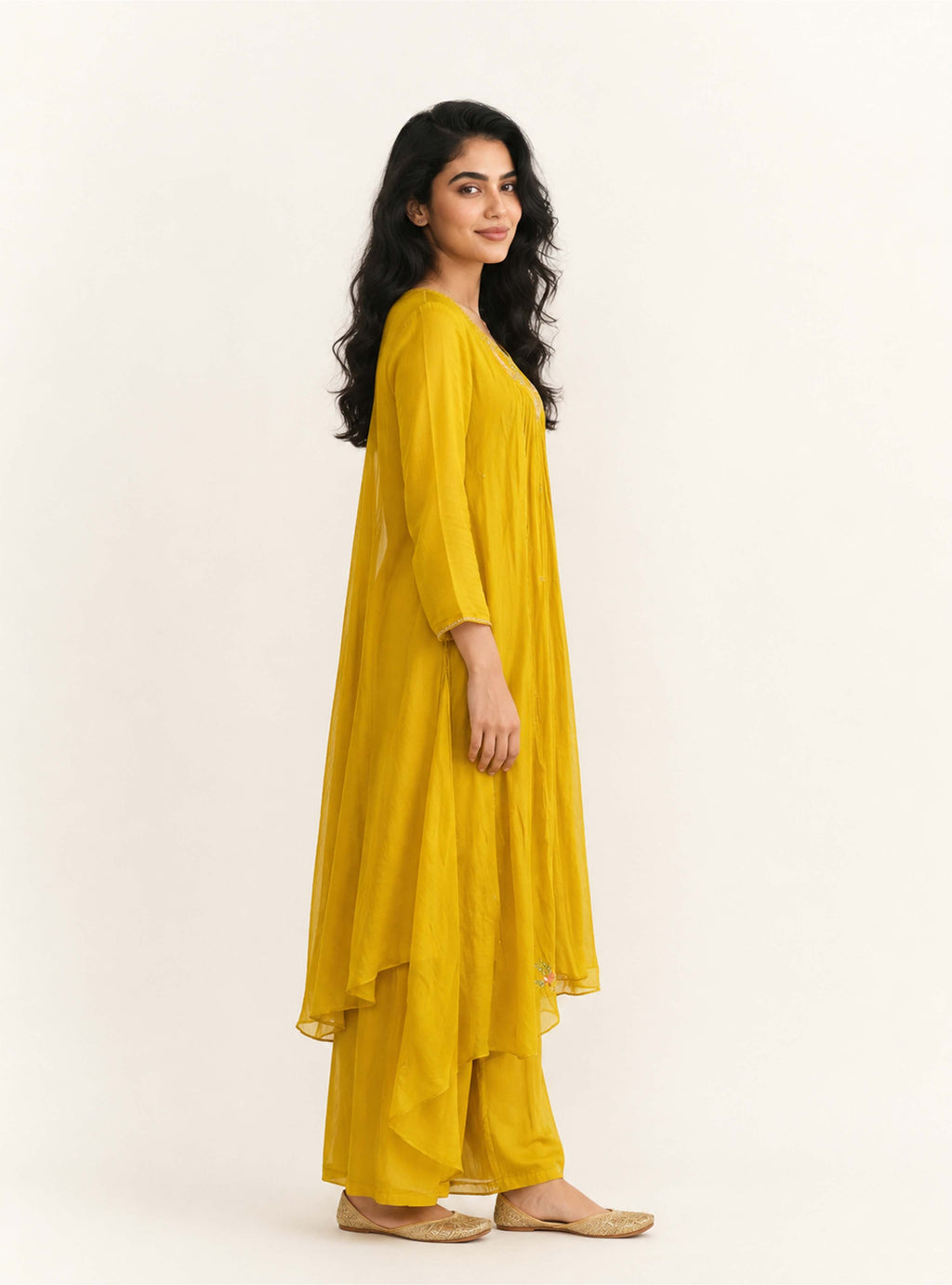 Golden Kesar Mustard Banarasi Mul Chanderi Anarkali Suit Set with Dupatta
