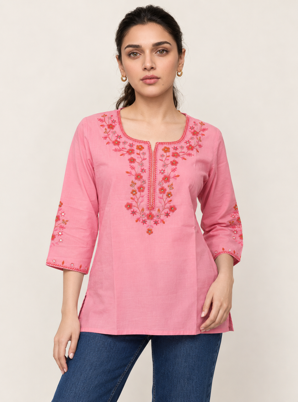 Rosewood Petal Baby Pink Pure Cotton Embroidered Short Kurta