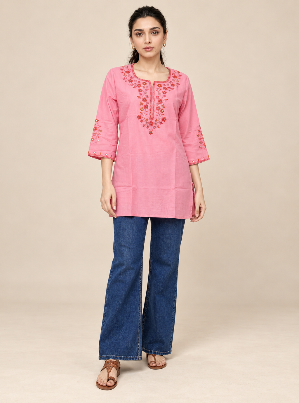Rosewood Petal Baby Pink Pure Cotton Embroidered Short Kurta