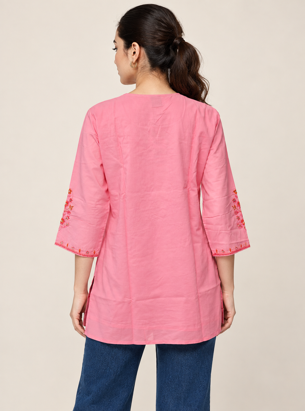Rosewood Petal Baby Pink Pure Cotton Embroidered Short Kurta