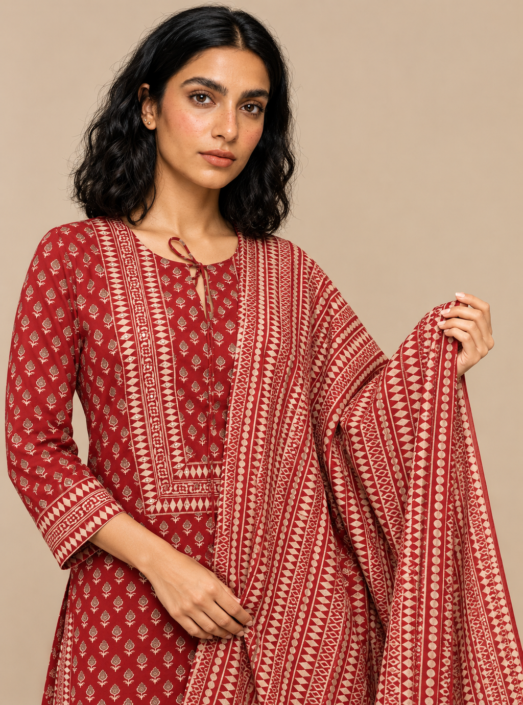 Ruby Loom Red Hand Block Cotton Short Kurta Suit Set with Farshi Salwar