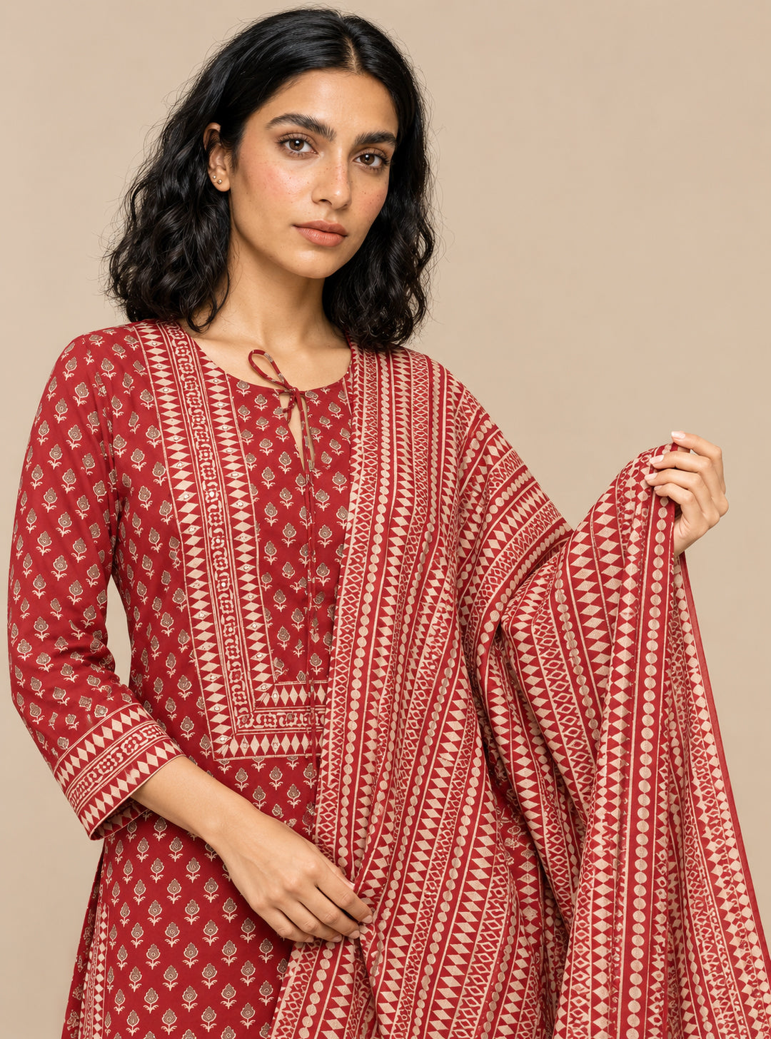 Ruby Loom Red Hand Block Cotton Short Kurta Suit Set with Farshi Salwar