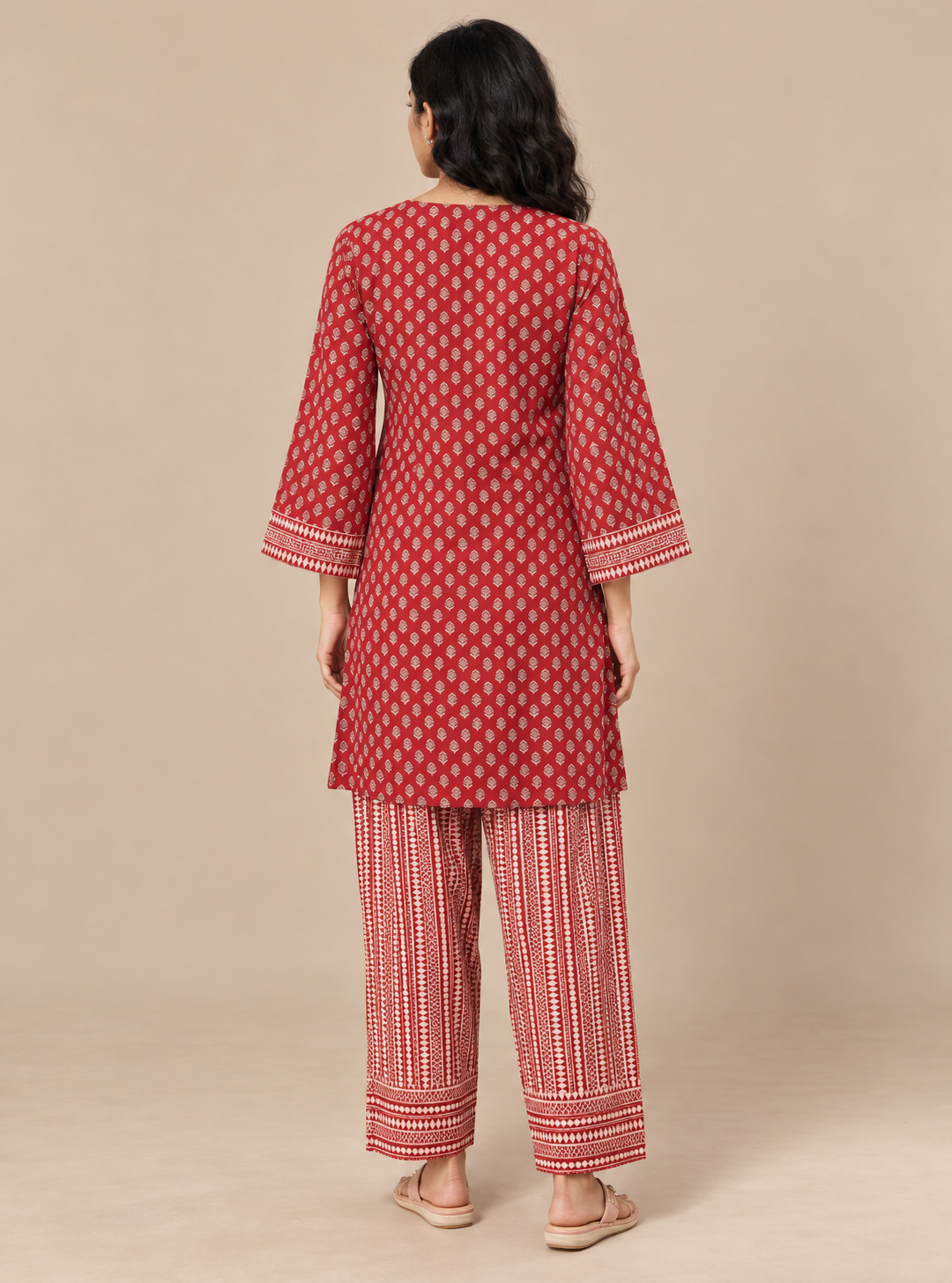 Ruby Loom Red Hand Block Cotton Short Kurta Suit Set with Farshi Salwar