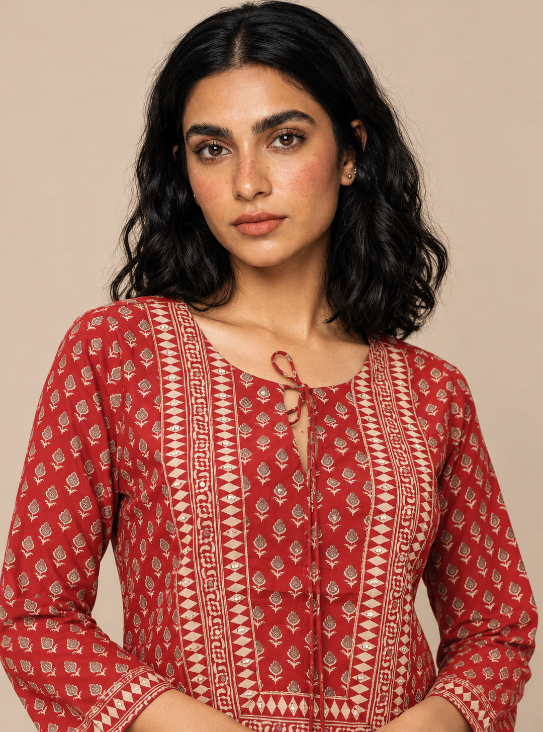 Ruby Loom Red Hand Block Cotton Short Kurta Suit Set with Farshi Salwar