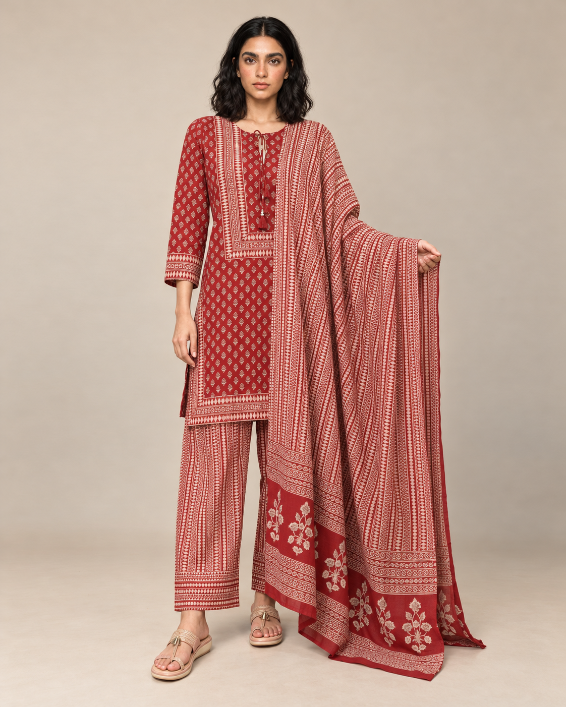 Ruby Loom Red Hand Block Cotton Short Kurta Suit Set with Farshi Salwar