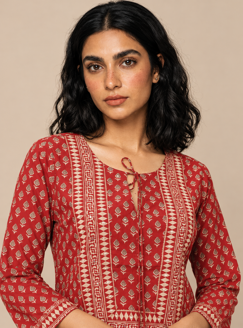 Ruby Loom Red Hand Block Cotton Short Kurta Suit Set with Farshi Salwar