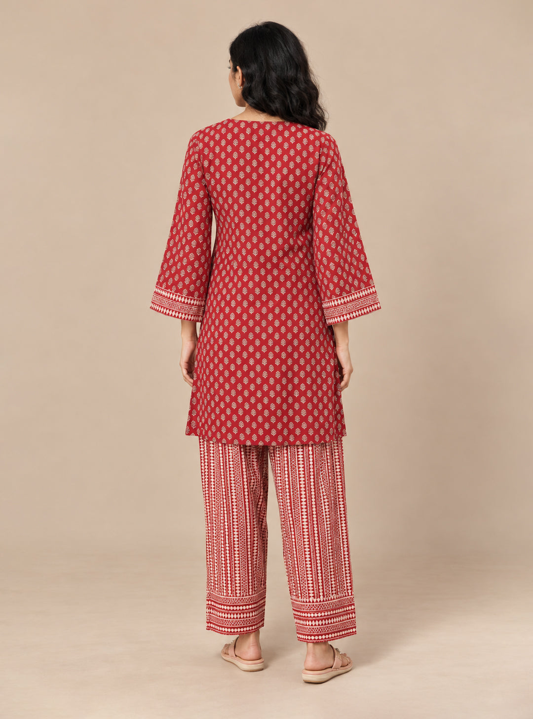 Ruby Loom Red Hand Block Cotton Short Kurta Suit Set with Farshi Salwar