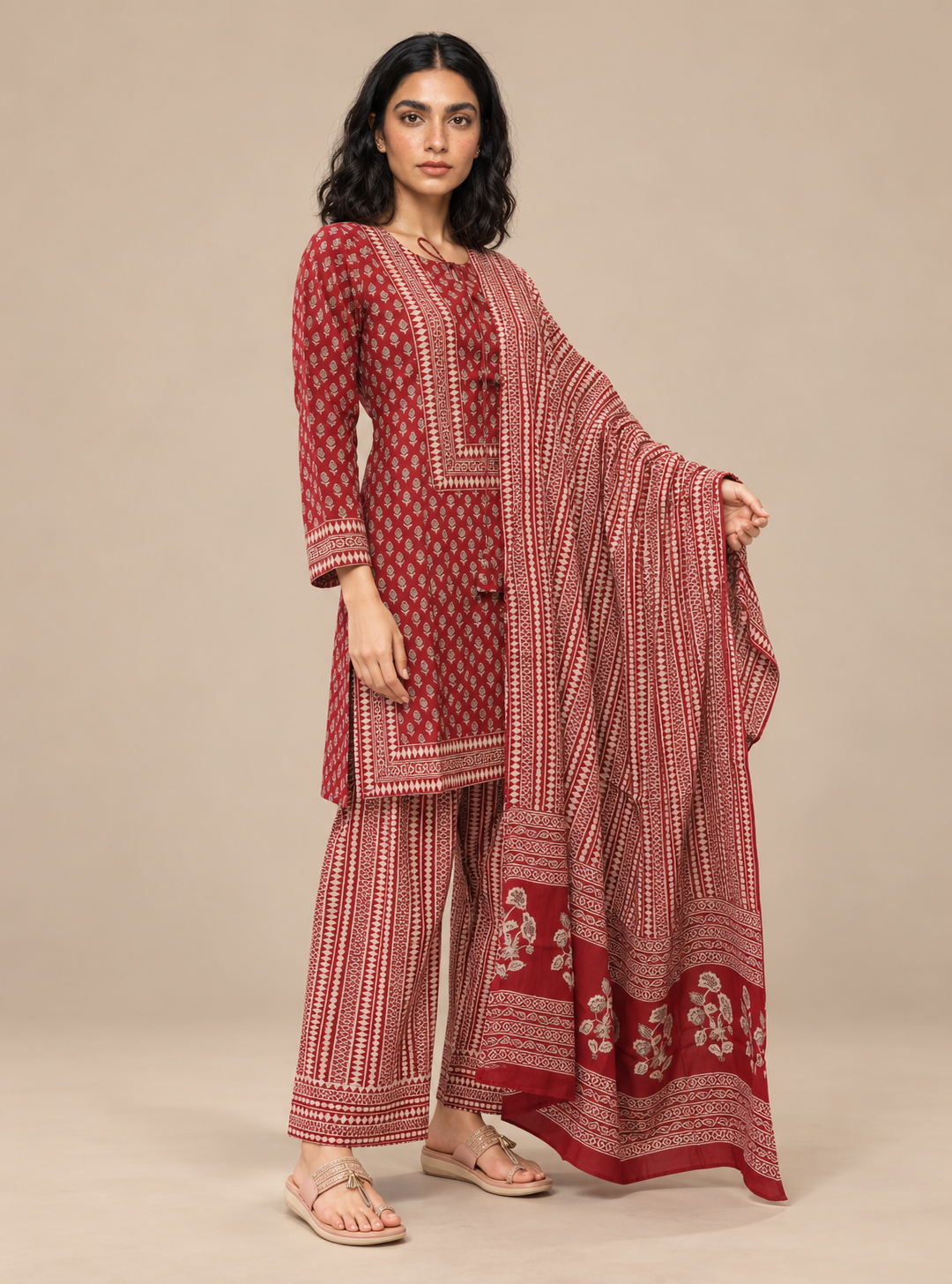 Ruby Loom Red Hand Block Cotton Short Kurta Suit Set with Farshi Salwar